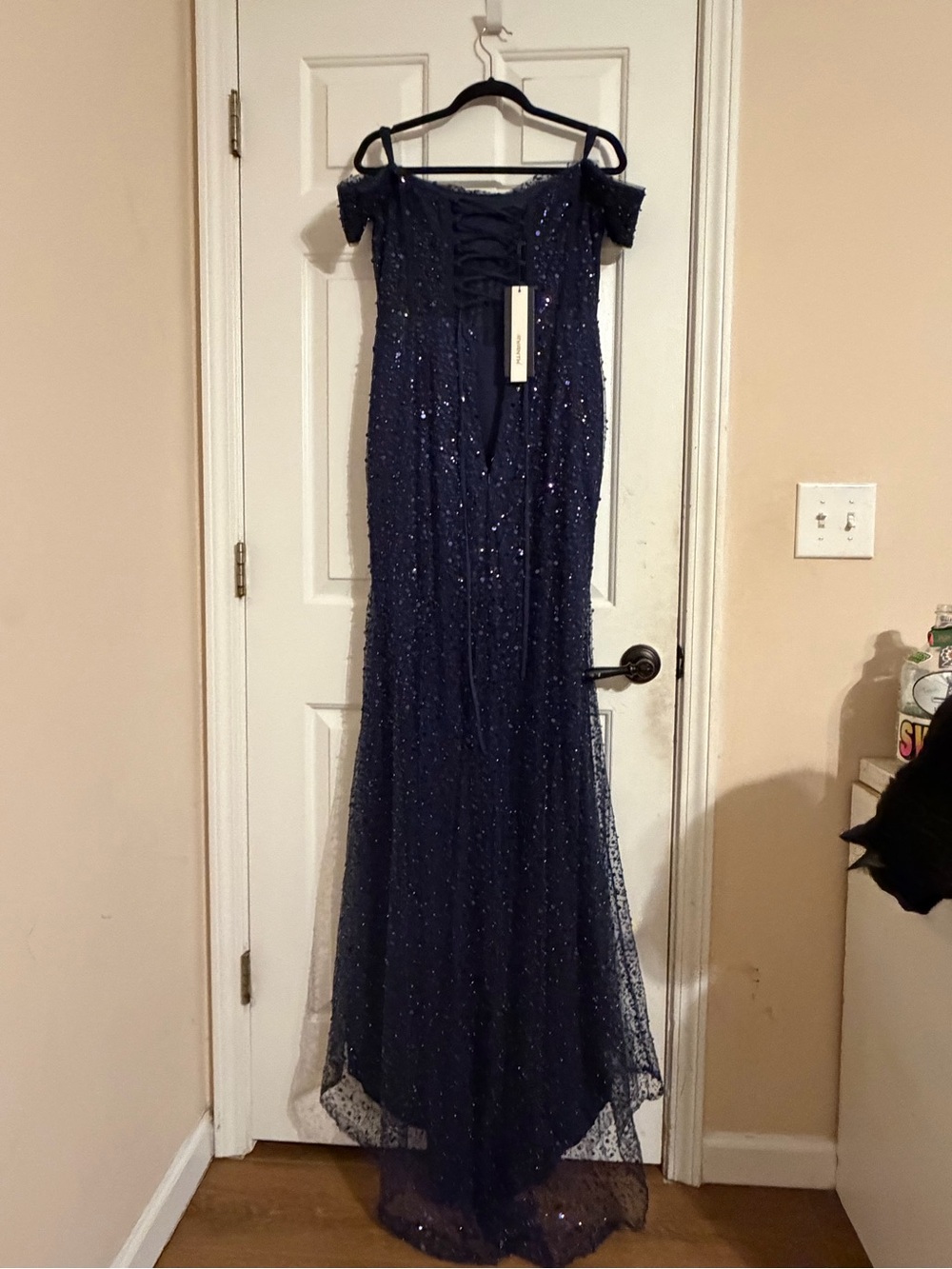 Navy Sequin Off-Shoulder Evening Gown